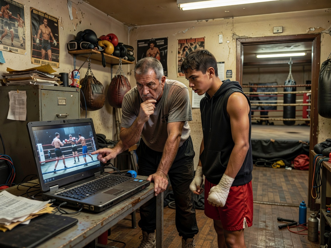 Boxing coach and young boxer reviewing bout footage together on a laptop in a gym office