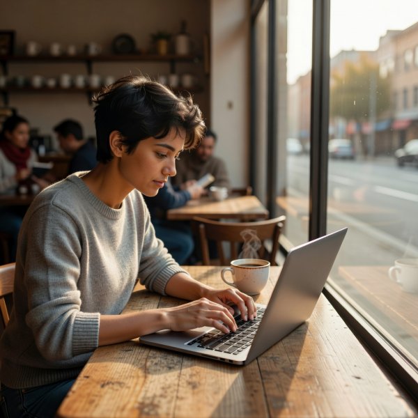 Person typing a message on a laptop at a cafe table beside a sunlit window