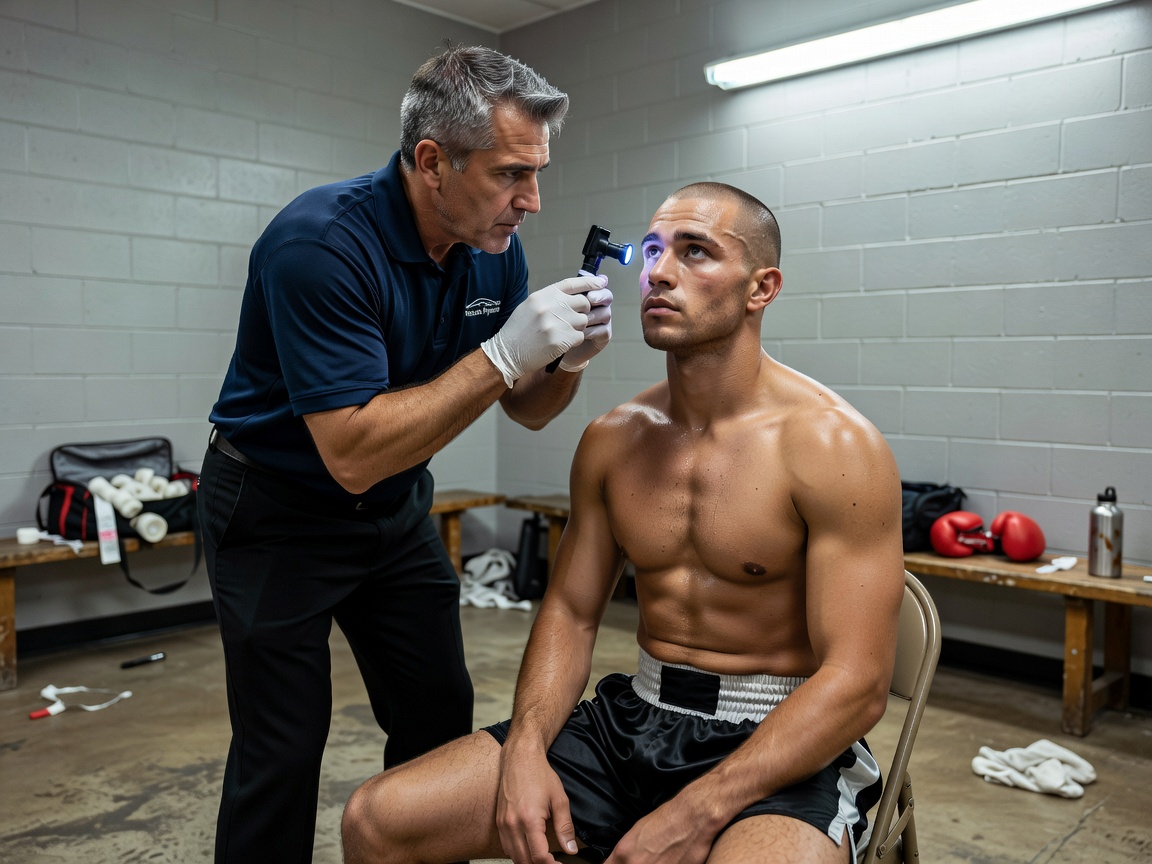 Ringside medical officer checking a boxer's eyes before a bout in a bright dressing room
