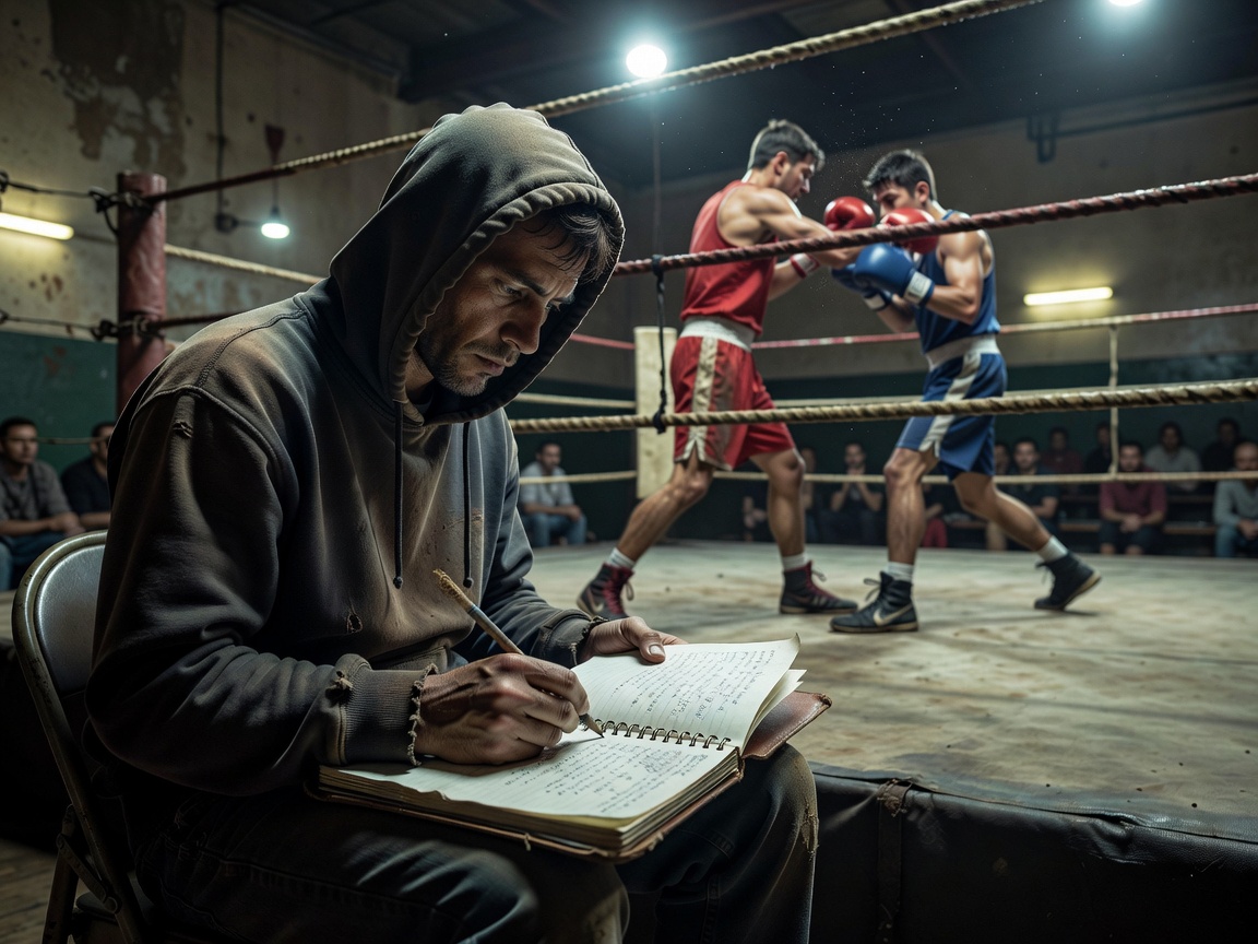 Scout in a hoodie writing notes in a notebook ringside during an amateur bout