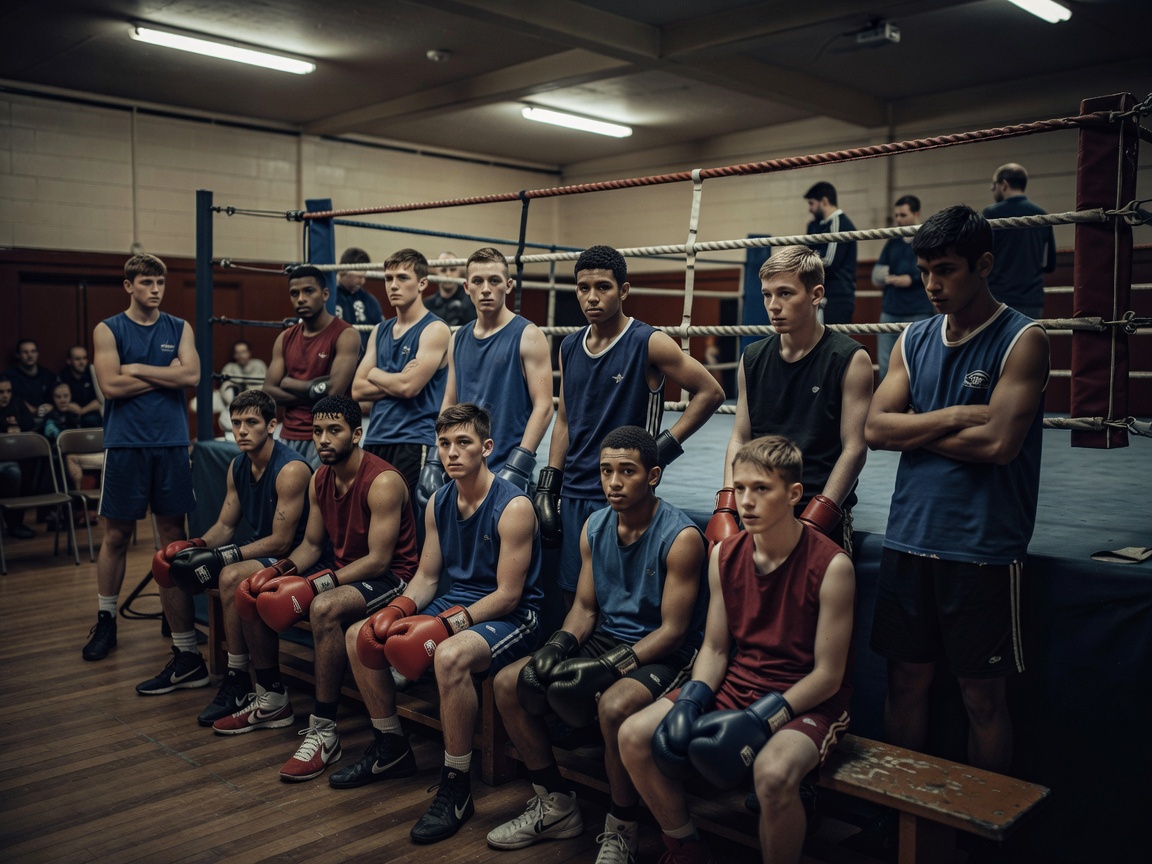 Young amateur boxers in club vests waiting ringside at a local community hall show